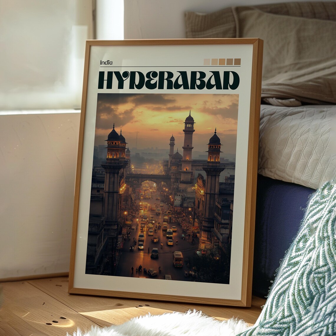 Hyderabad India Busy Old City Street Dusk Skyline Travel Poster - Image 3