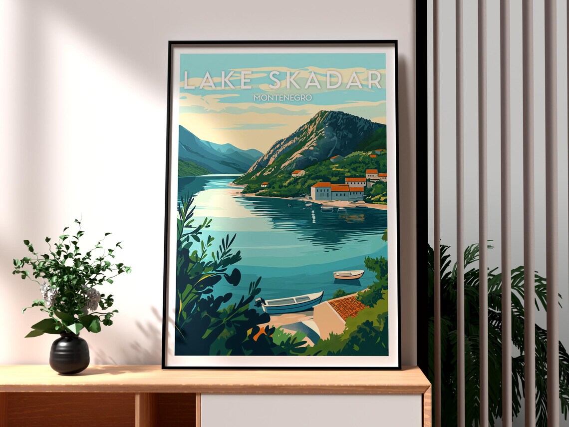 Lake Skadar Montenegro Mountain Lake Boats Village Travel Poster