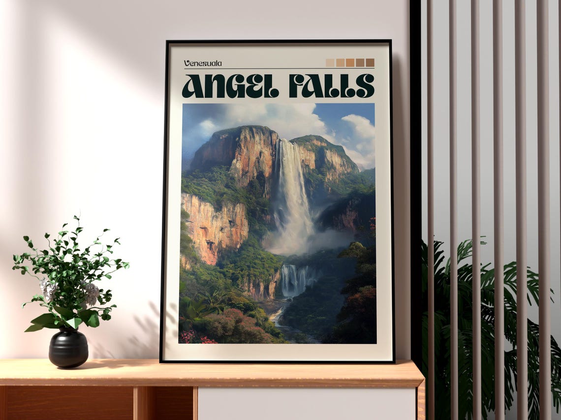 Angel Falls Venezuela Waterfall Jungle Vintage Travel Poster