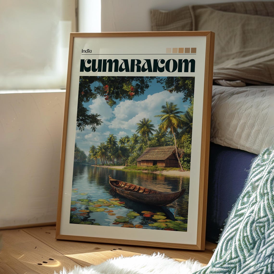 Kumarakom India Kerala Backwater Canoe Palm Tree Scene Poster - Image 3