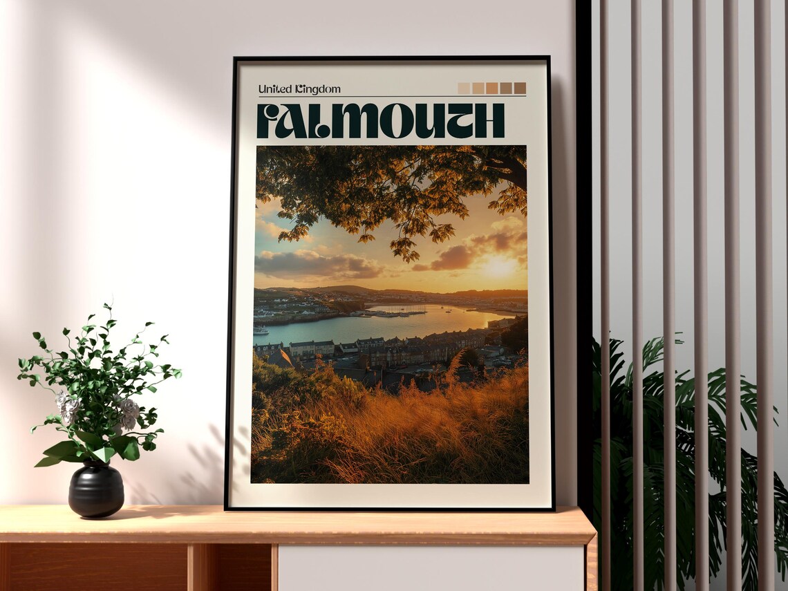 Falmouth United Kingdom Harbour Sunset Golden Bay Travel Poster