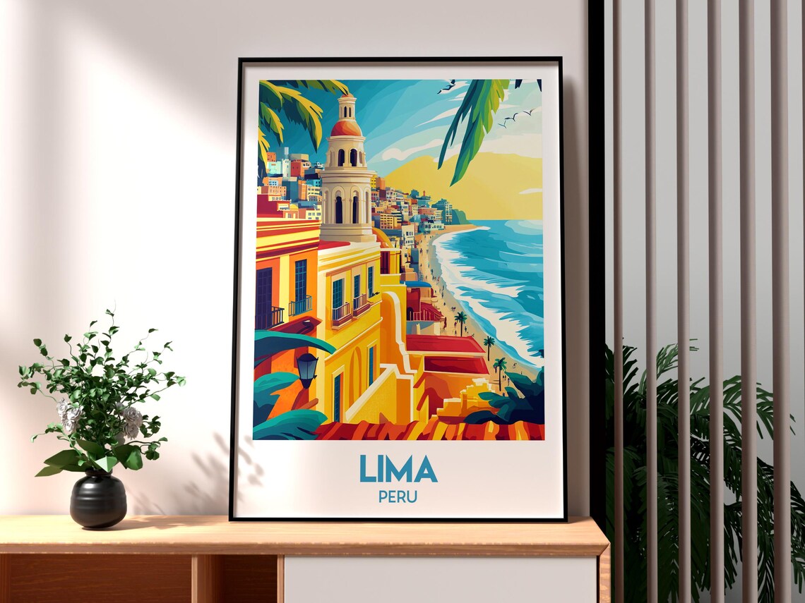 Lima Peru Coastal Colonial Street Church Tower Vintage Travel Poster