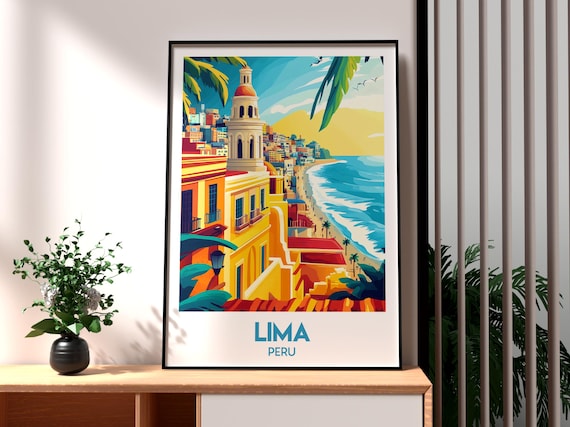 Lima Peru Coastal Colonial Street Church Tower Vintage Travel Poster