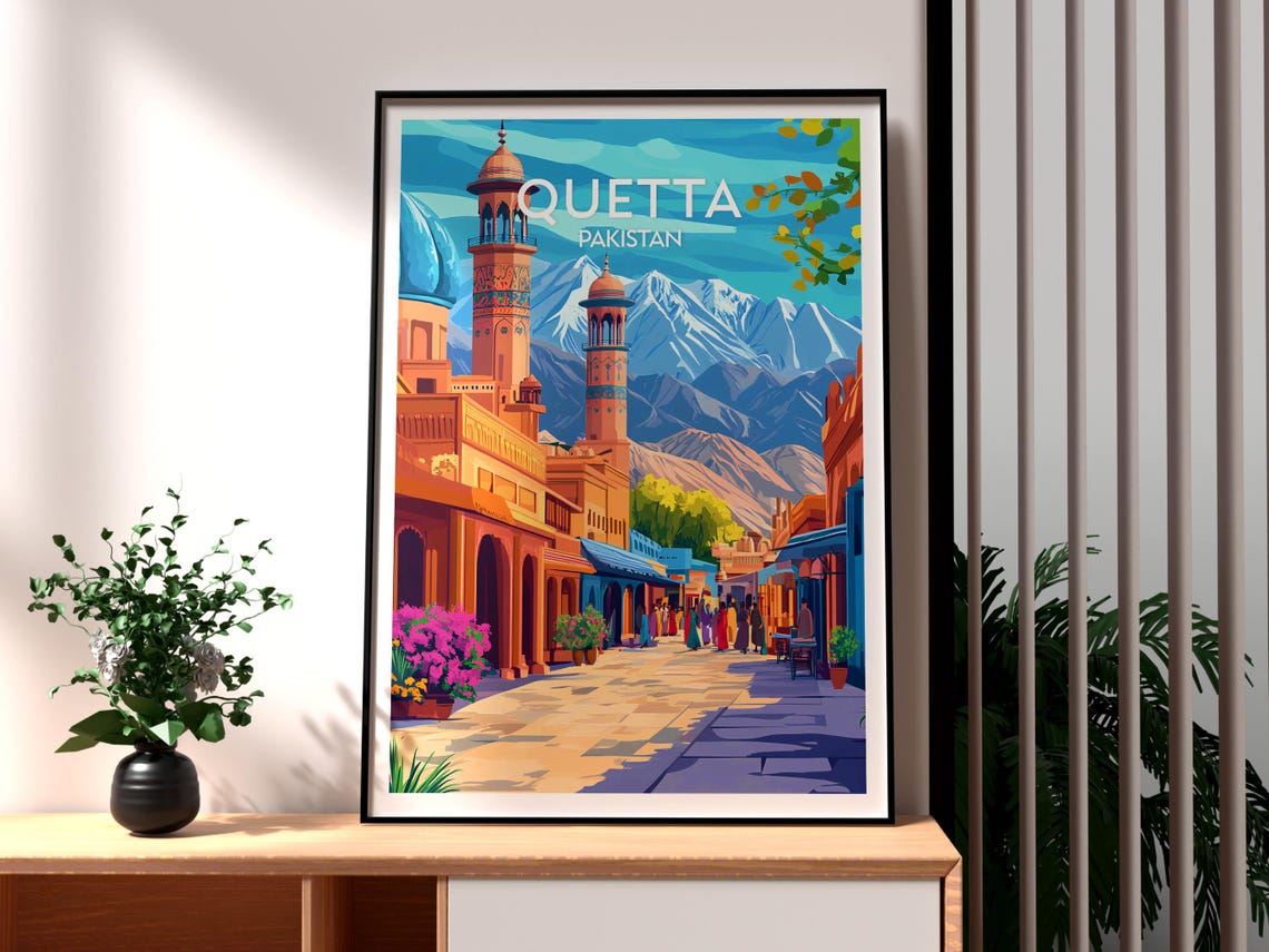 Quetta Pakistan Mountain Valley Bazaar Street Scene Travel Poster