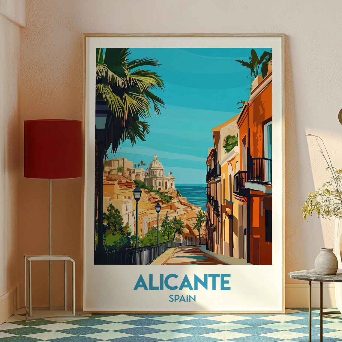 Alicante Spain Old Town Street Church Dome Sea View Travel Poster - Image 2