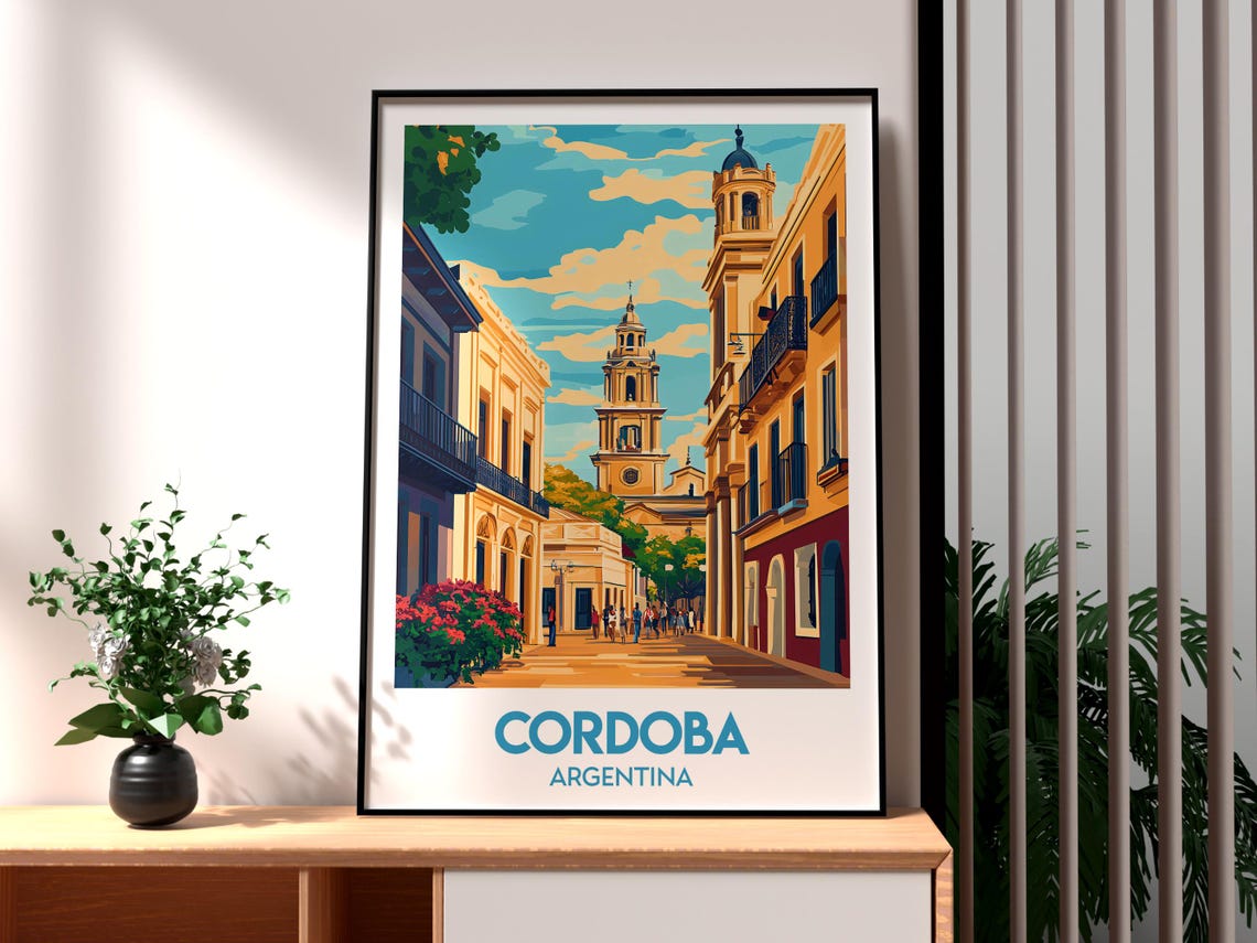 Cordoba Argentina Colonial Street Cathedral Retro Travel Poster