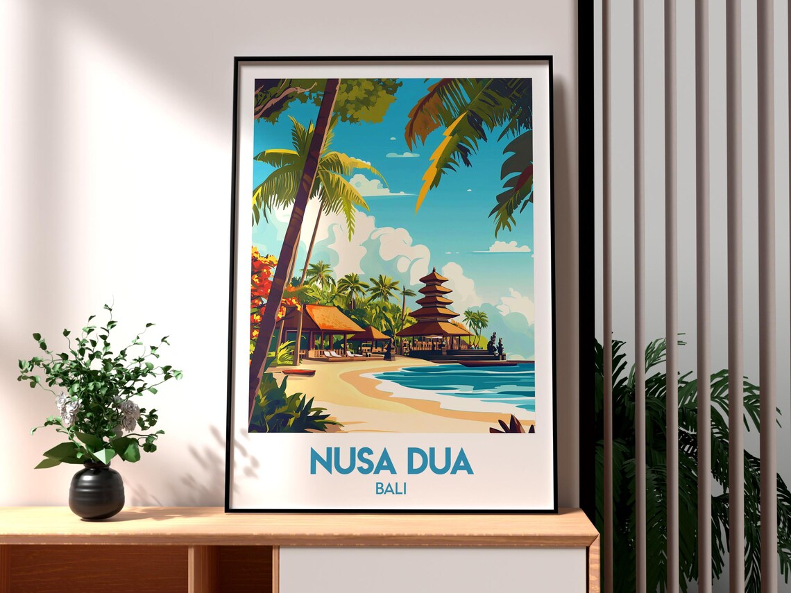 Nusa Dua Bali Vintage Beach Temple Island Travel Illustration Poster
