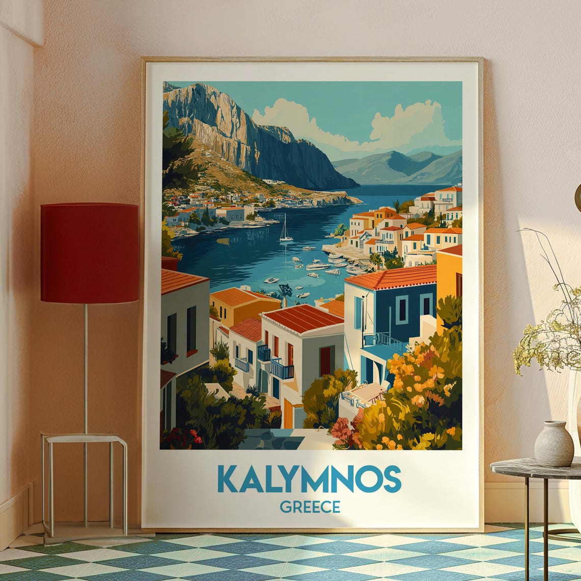 Kalymnos Greece Island Harbor Cliffside Village Sailboat Poster - Image 2