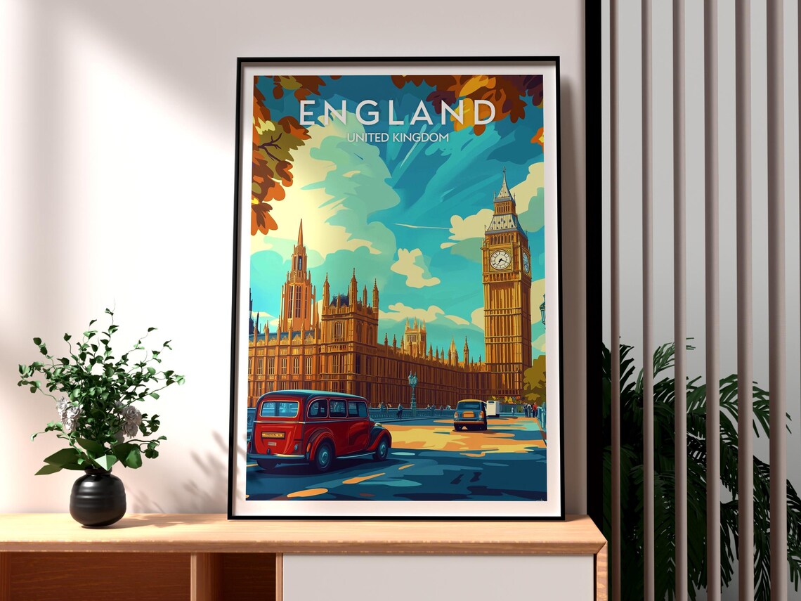 England Big Ben London Retro Travel Poster Parliament River Art