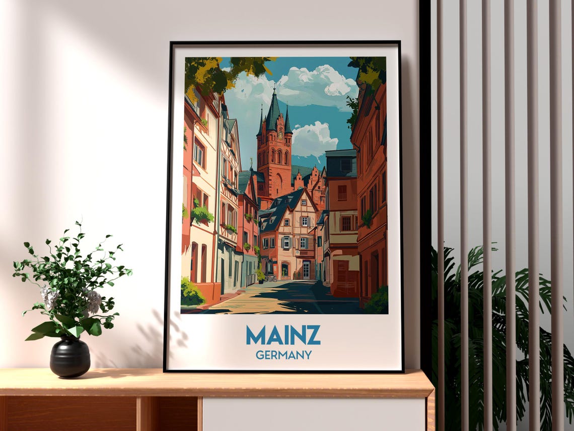 Mainz Germany Historic Old Town Cathedral Retro Travel Poster