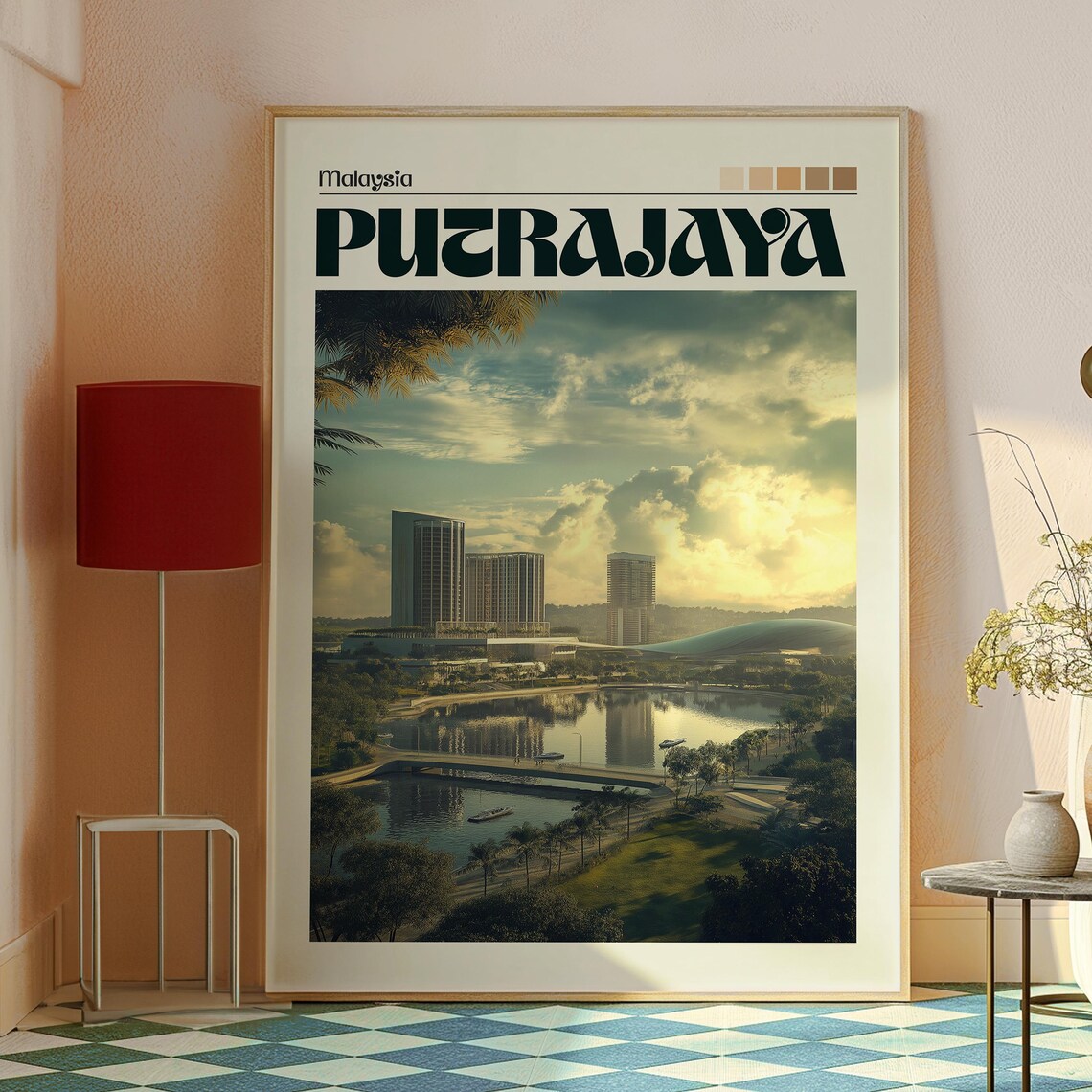 Putrajaya Malaysia Modern Skyline Lake Sunset Retro Travel Poster - Image 2