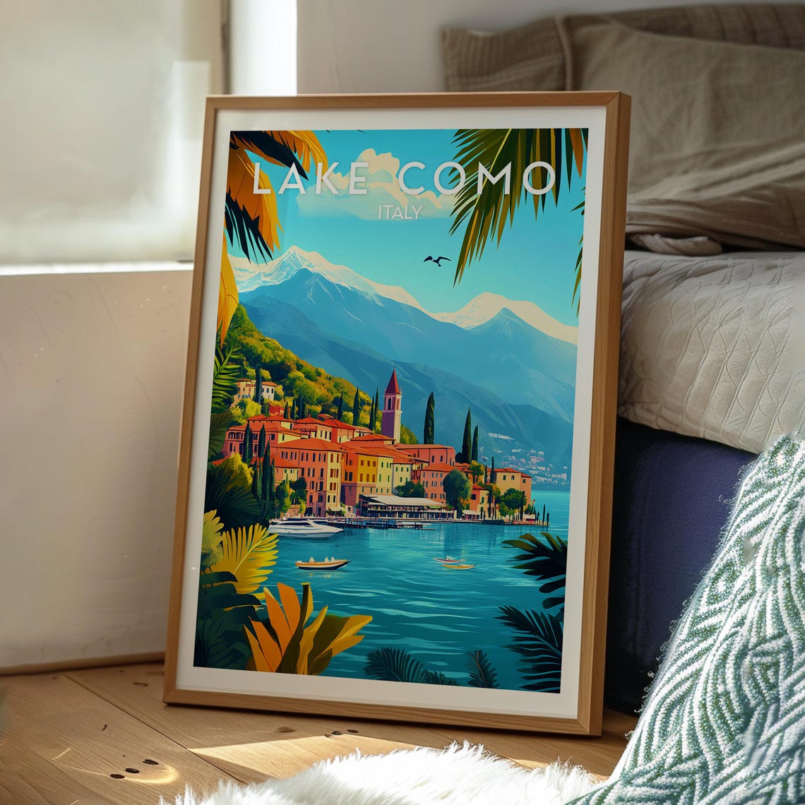 Lake Como Italy Lakeside Town Alpine Peaks Palm Fronds Poster - Image 3