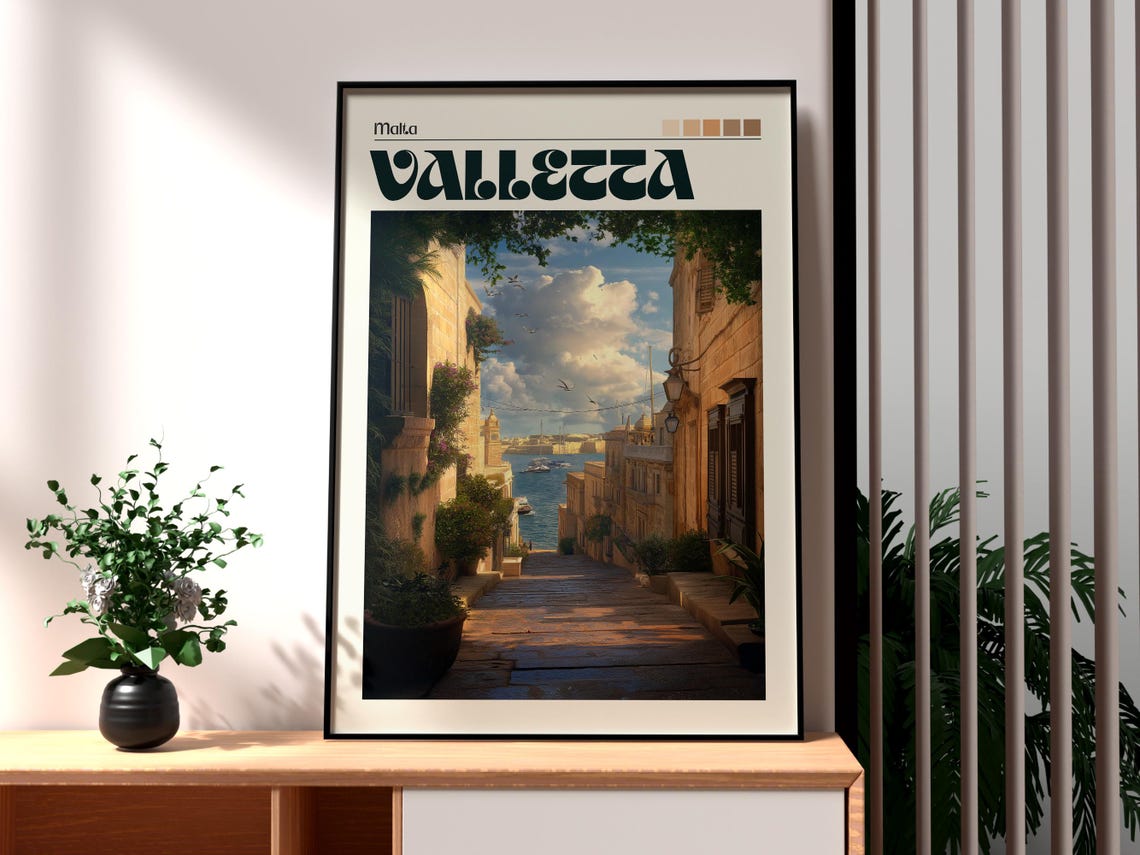 Valletta Malta Old Stone Street Harbor View Sunny Day Art Poster
