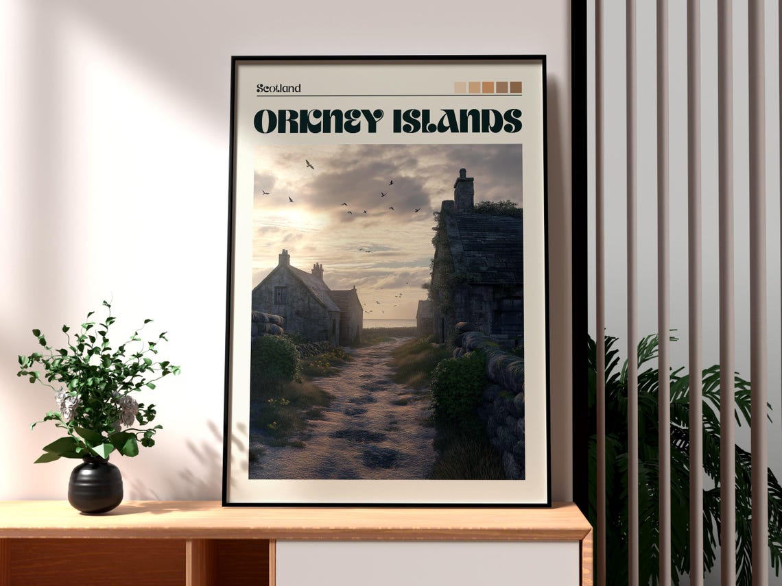 Orkney Islands Scotland Stone Cottages Dusk Path Travel Poster