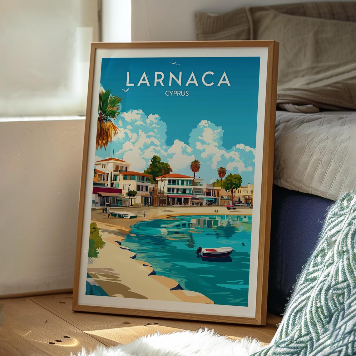 Larnaca Cyprus Beachfront Palm Trees Turquoise Sea Travel Poster - Image 3