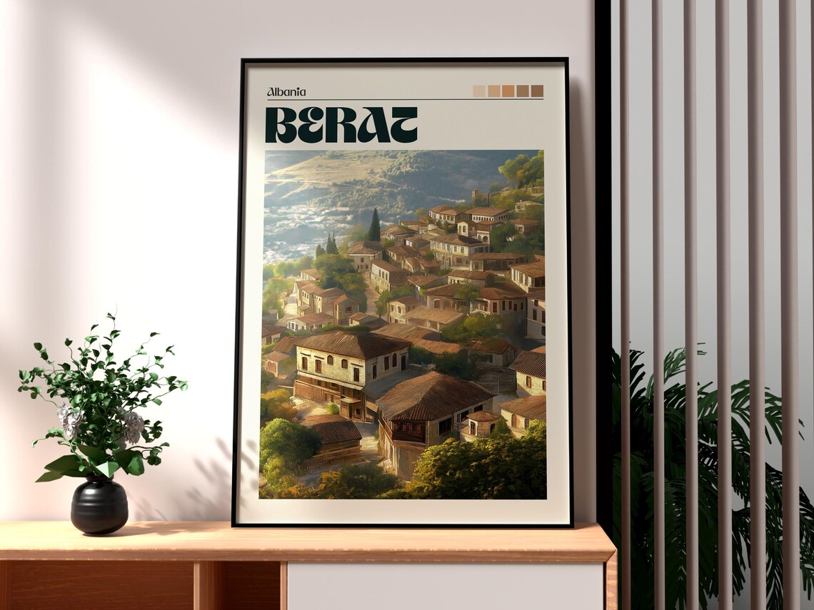 Berat Albania Ottoman Hill Town Sunset Glow Scene Travel Poster