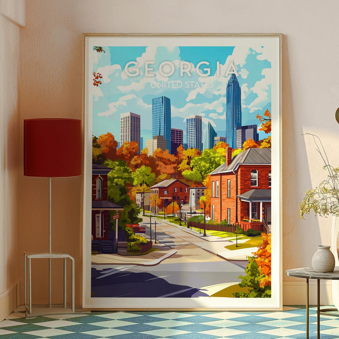 Georgia Autumn Brick House Street With Downtown Skyline Poster - Image 2