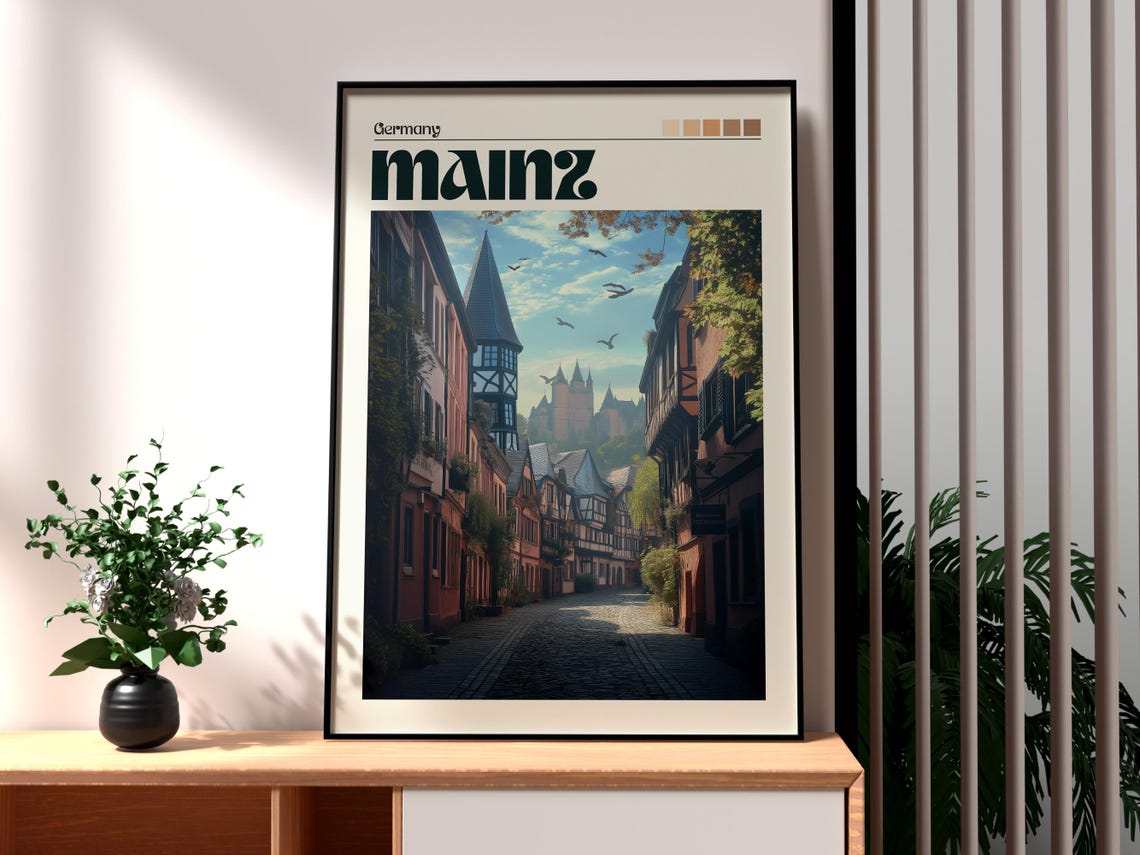 Mainz Germany Half Timbered Old Street Castle Hill Birds Travel Poster