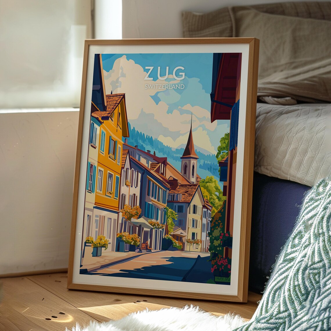 Zug Switzerland Old Town Street Church Steeple Mountains Art Poster - Image 3
