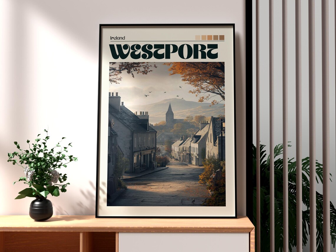 Westport Ireland Historic Town Street Autumn Sunset Travel Poster