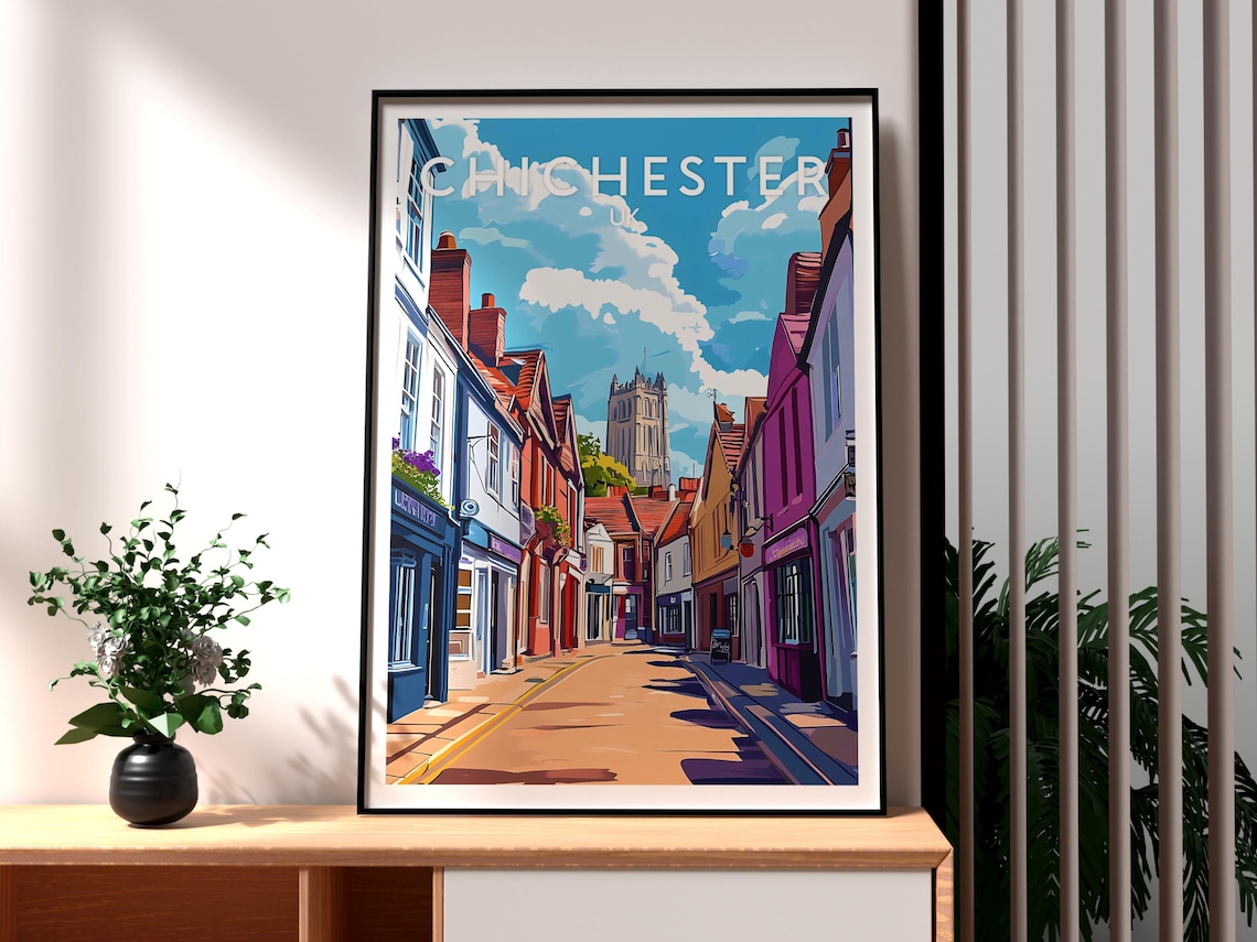 Chichester England Cathedral City Street Vintage Travel Poster