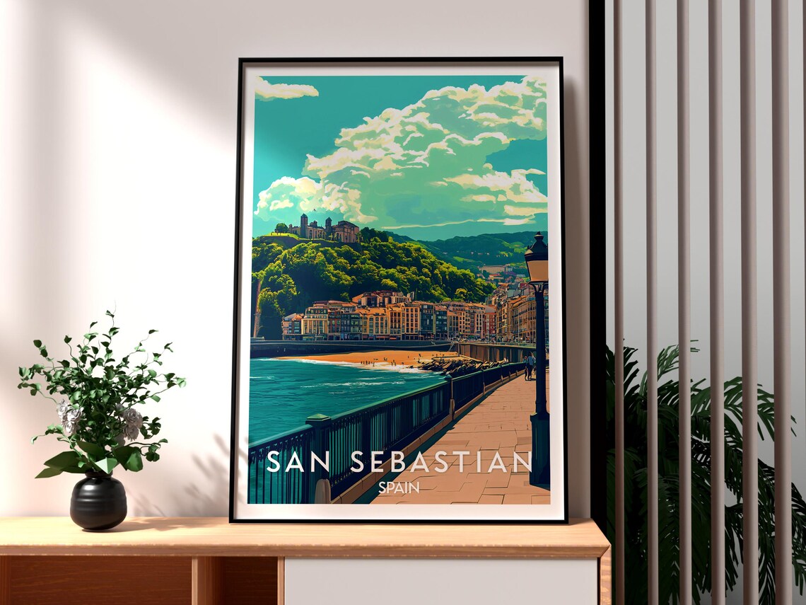 San Sebastian Spain Golden Beach Promenade Bay Coast Travel Poster