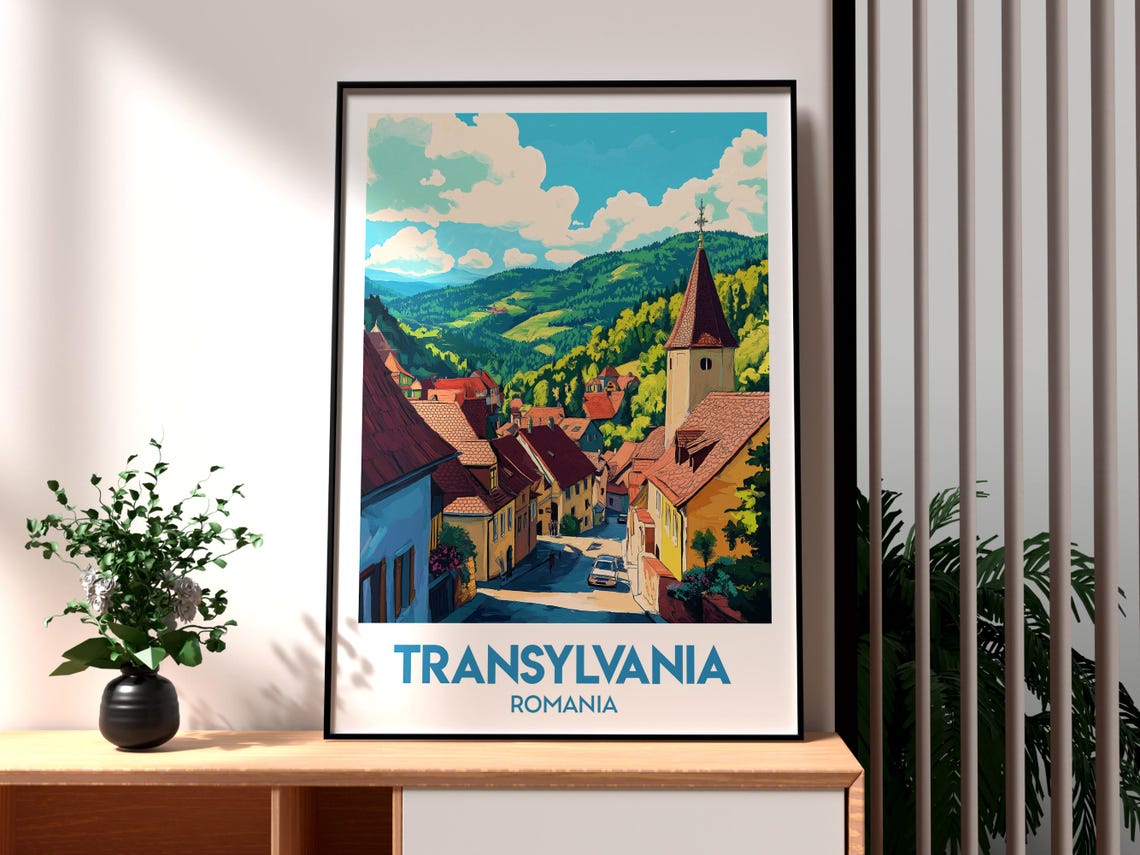 Transylvania Romania Mountain Village Old Town Travel Poster