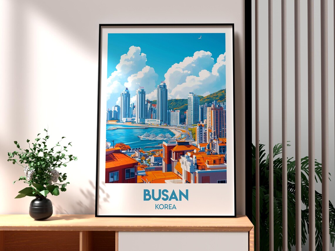 Busan Korea Harbor City Skyline Seaside Towers Beach Travel Poster