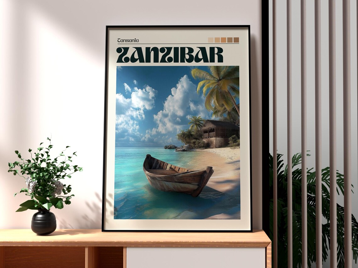 Zanzibar Tanzania Tropical Beach Wooden Boat Turquoise Sea Poster