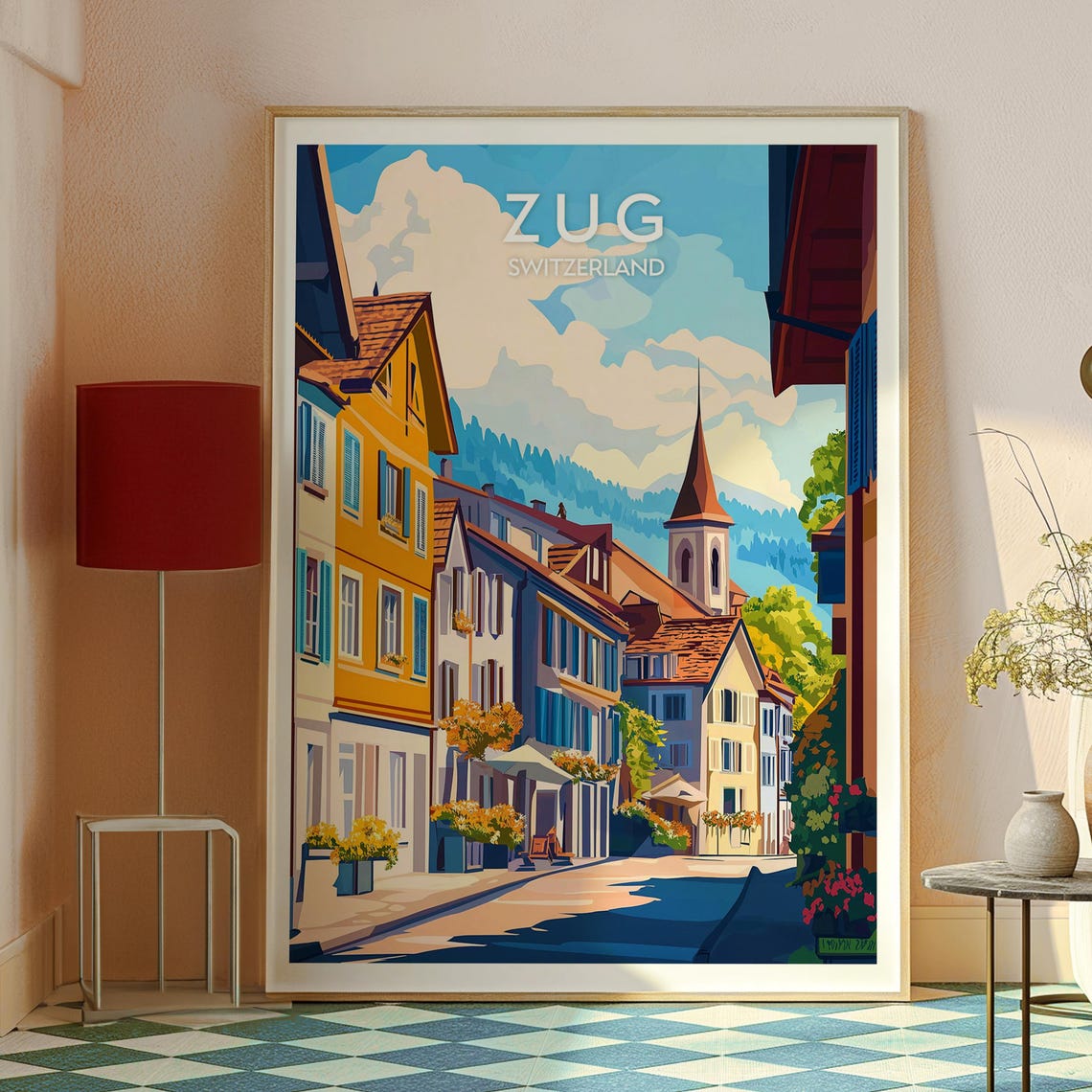 Zug Switzerland Old Town Street Church Steeple Mountains Art Poster - Image 2