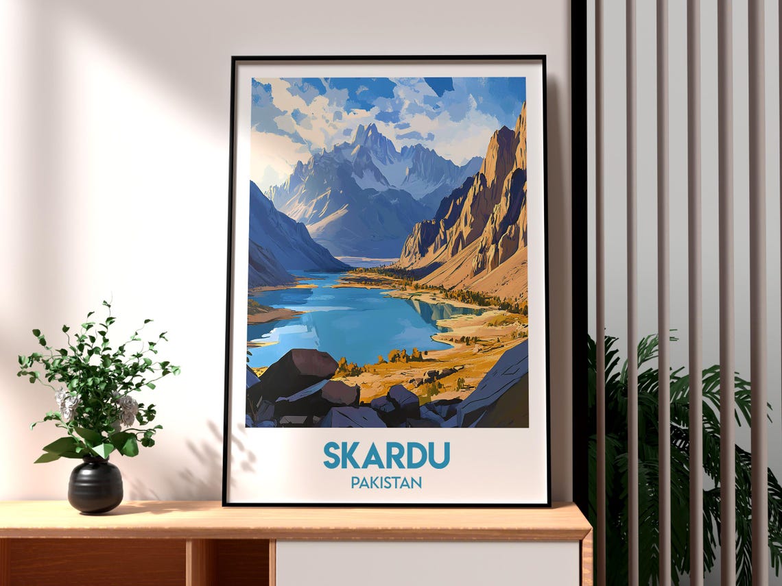 Skardu Pakistan Alpine Lake Jagged Karakoram Peaks Travel Poster