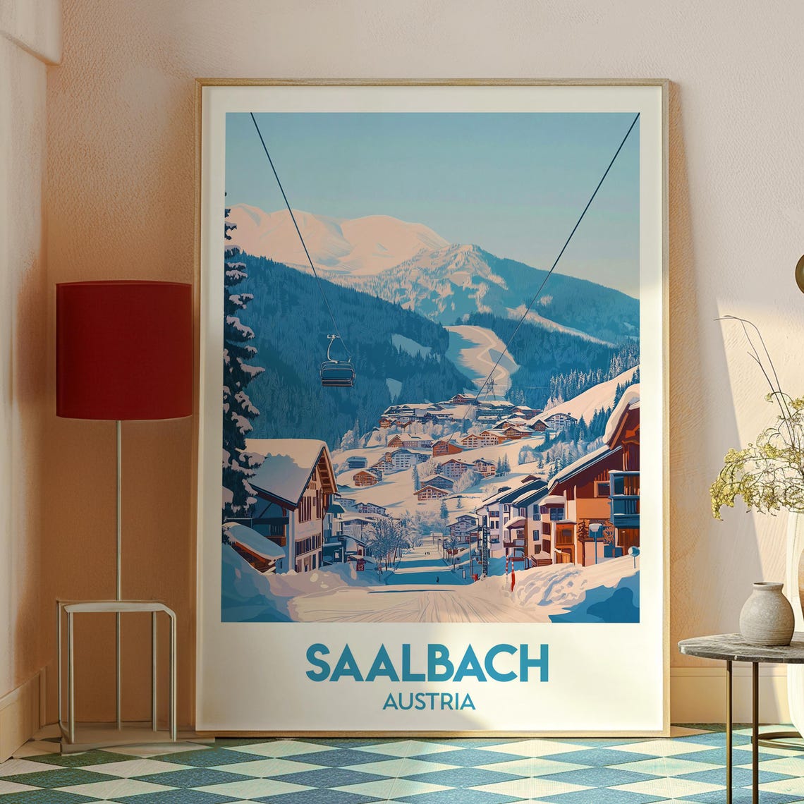 Saalbach Austria Ski Resort Snowy Village Gondola Alps Travel Poster - Image 2