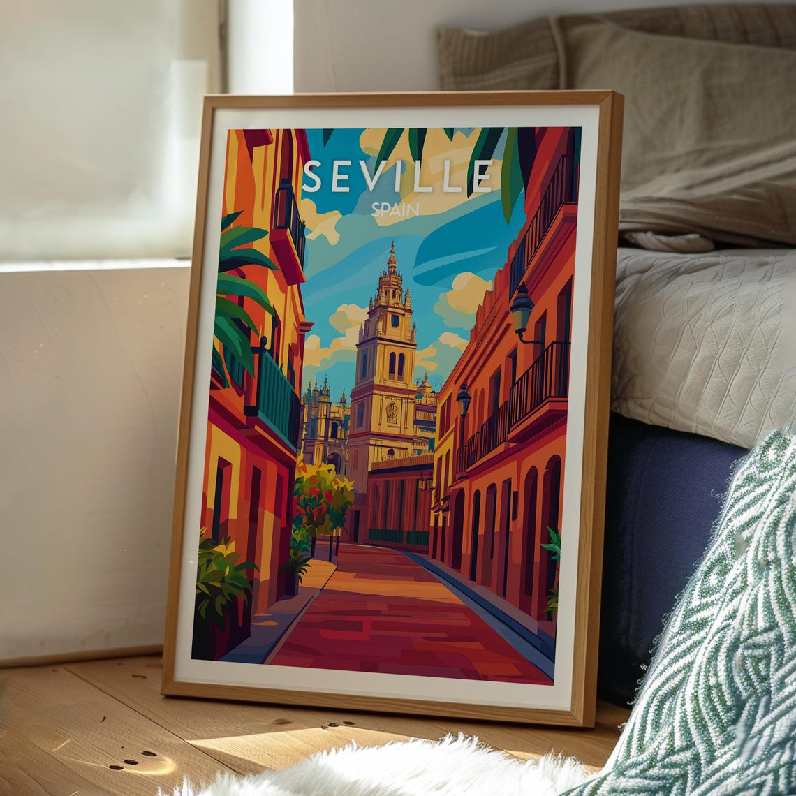 Seville Spain Bell Tower Sunlit Orange Street Vintage Poster - Image 3