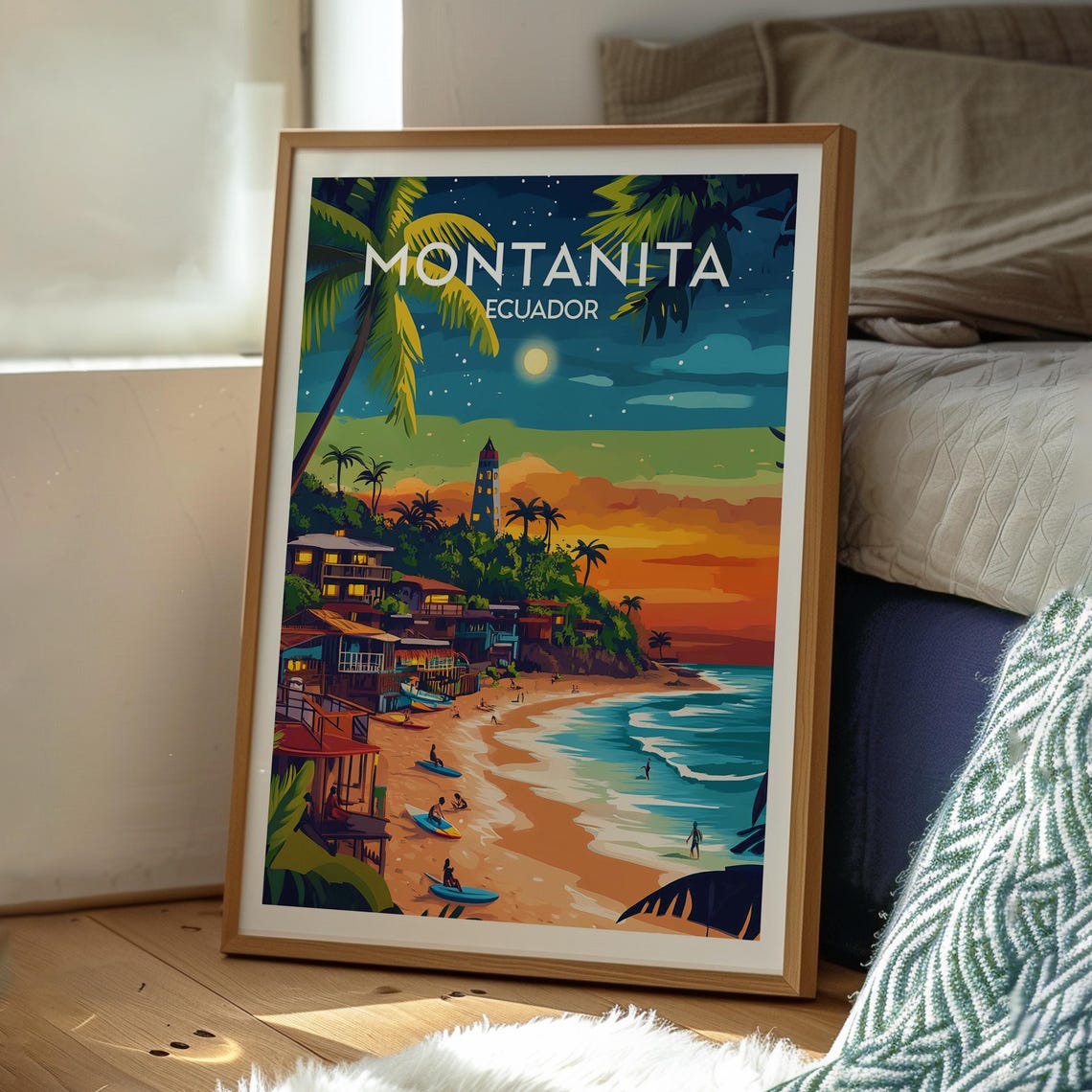 Montanita Ecuador Starry Night Surf Beach Palm Town Travel Poster - Image 3