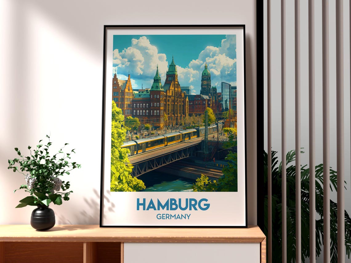 Hamburg Germany City Hall Train Bridge Vintage Skyline Travel Poster