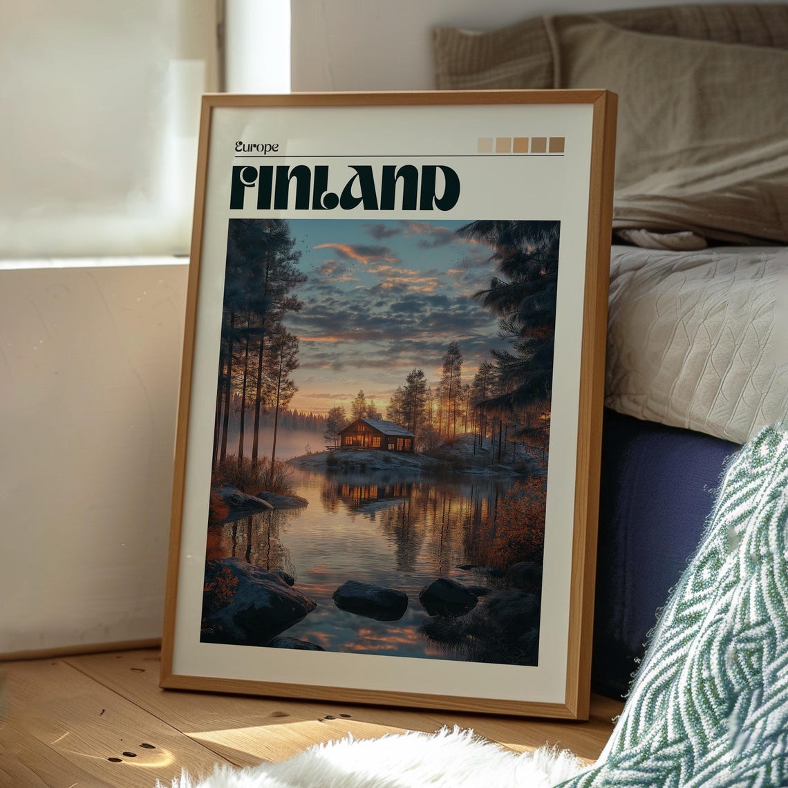 Finland Lakeside Cabin Sunset Pine Forest Reflections Poster - Image 3