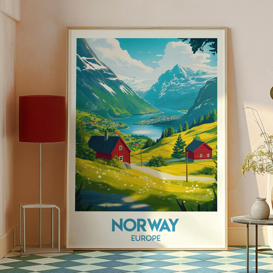 Norway Europe Red Cabins Fjord Valley Snow Peaks Travel Poster - Image 2
