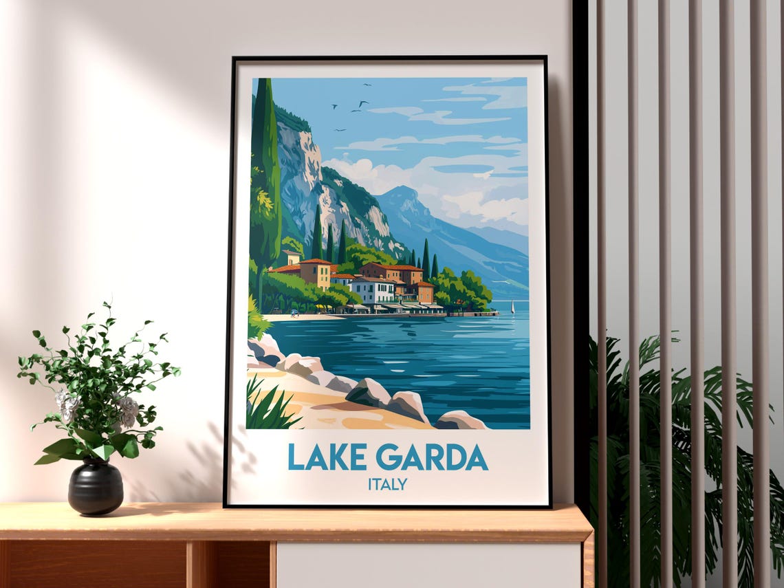 Lake Garda Italy Lakeside Village Mountain Shore Scene Poster