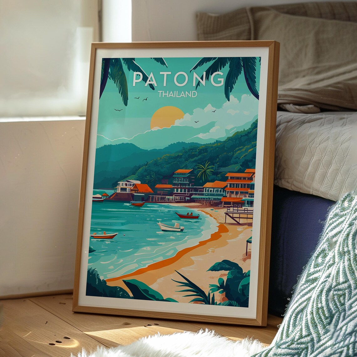 Patong Thailand Sunset Beach Boats Hillside Resorts Travel Poster - Image 3