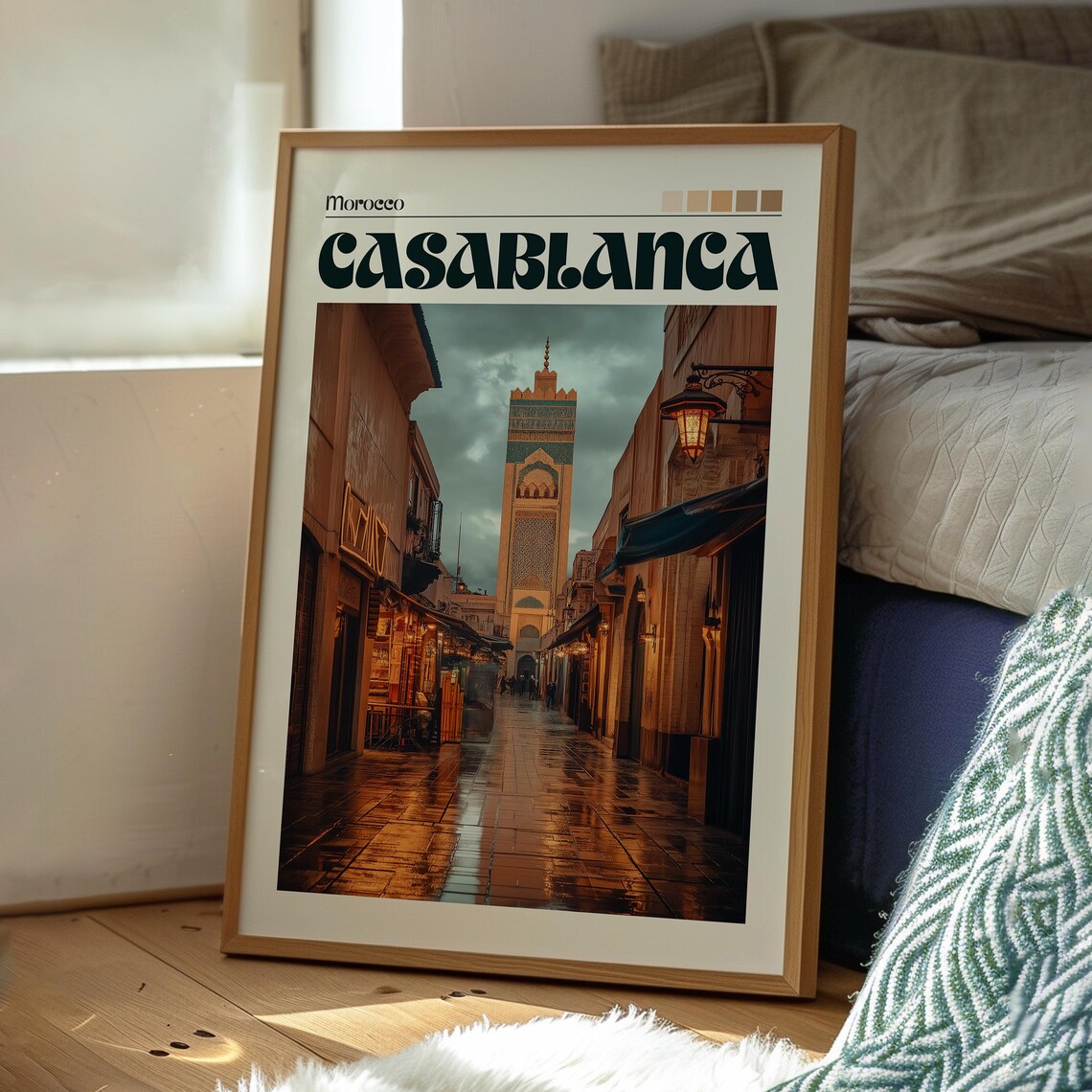 Casablanca Morocco Rainy Old Street Minaret Evening Travel Poster - Image 3