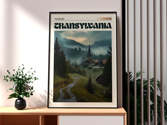 Transylvania Romania Misty Mountain Village Church Retro Travel Poster