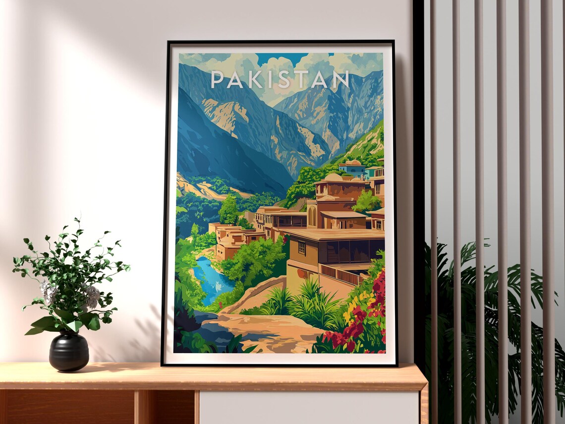 Pakistan Northern Valley Terraced Village River Peaks Travel Poster