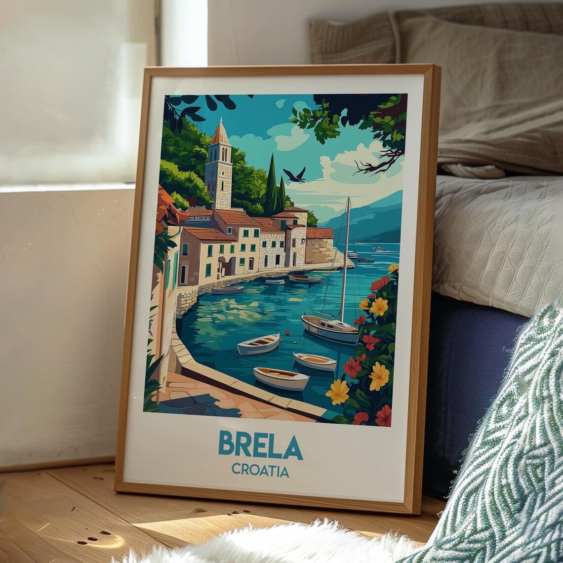 Brela Croatia Coastal Harbor Boats Church Tower Travel Poster - Image 3