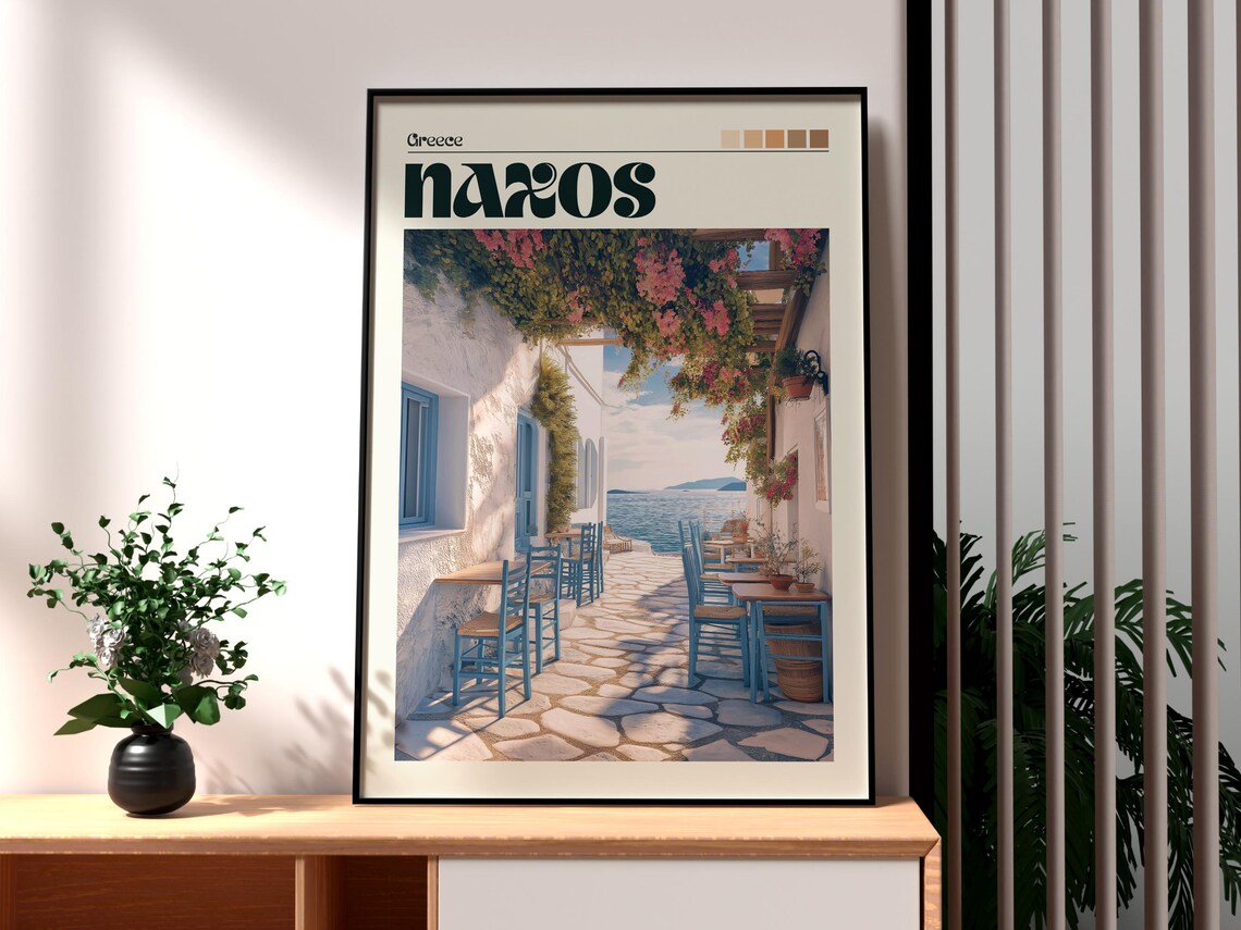 Naxos Greece Taverna Alley Bougainvillea Blue Chairs Sea Travel Poster