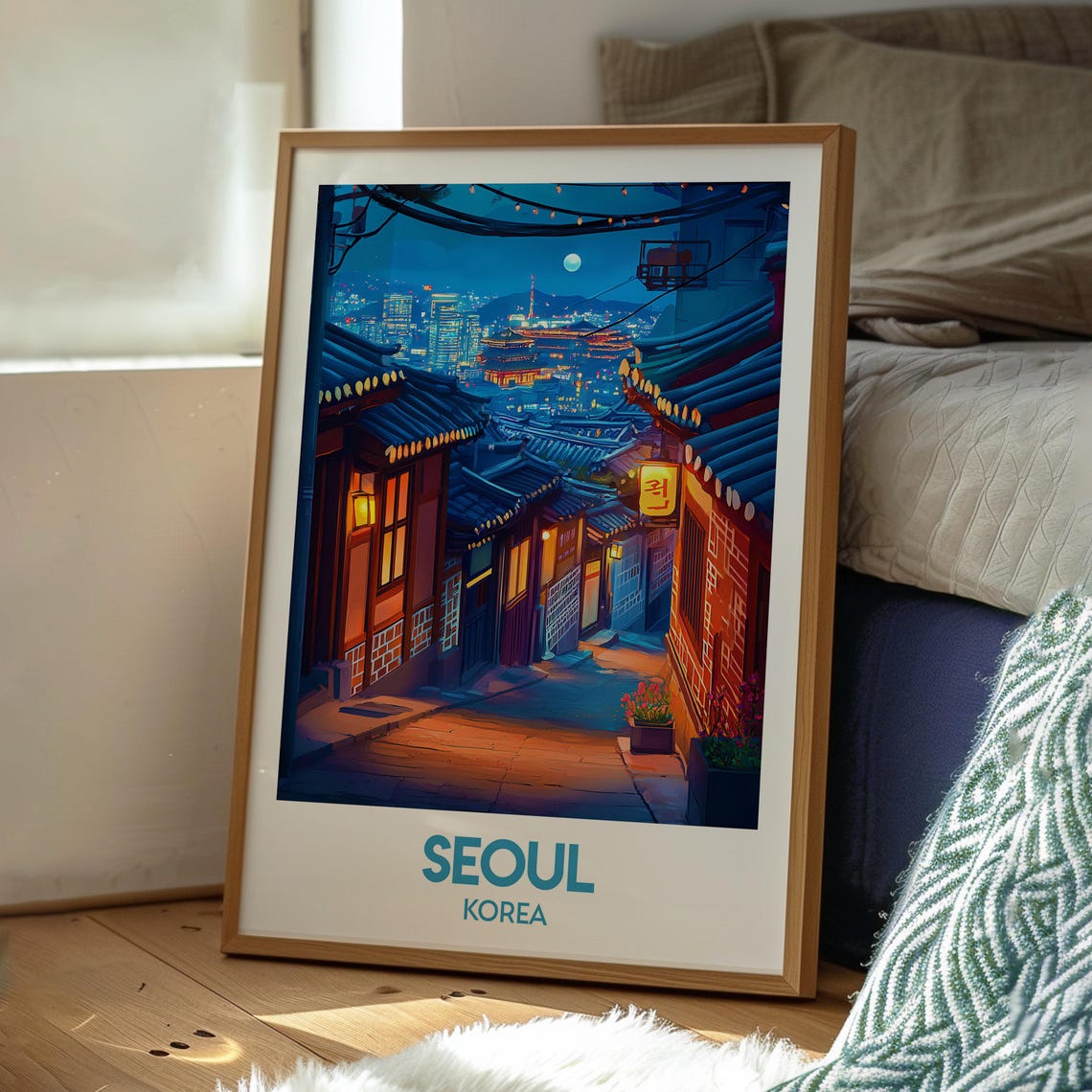 Seoul Korea Night Hanok Alley Lantern City Lights Travel Poster - Image 3