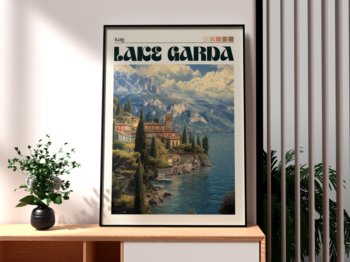 Lake Garda Italy Lakeside Village Cypress Trees Mountain Poster