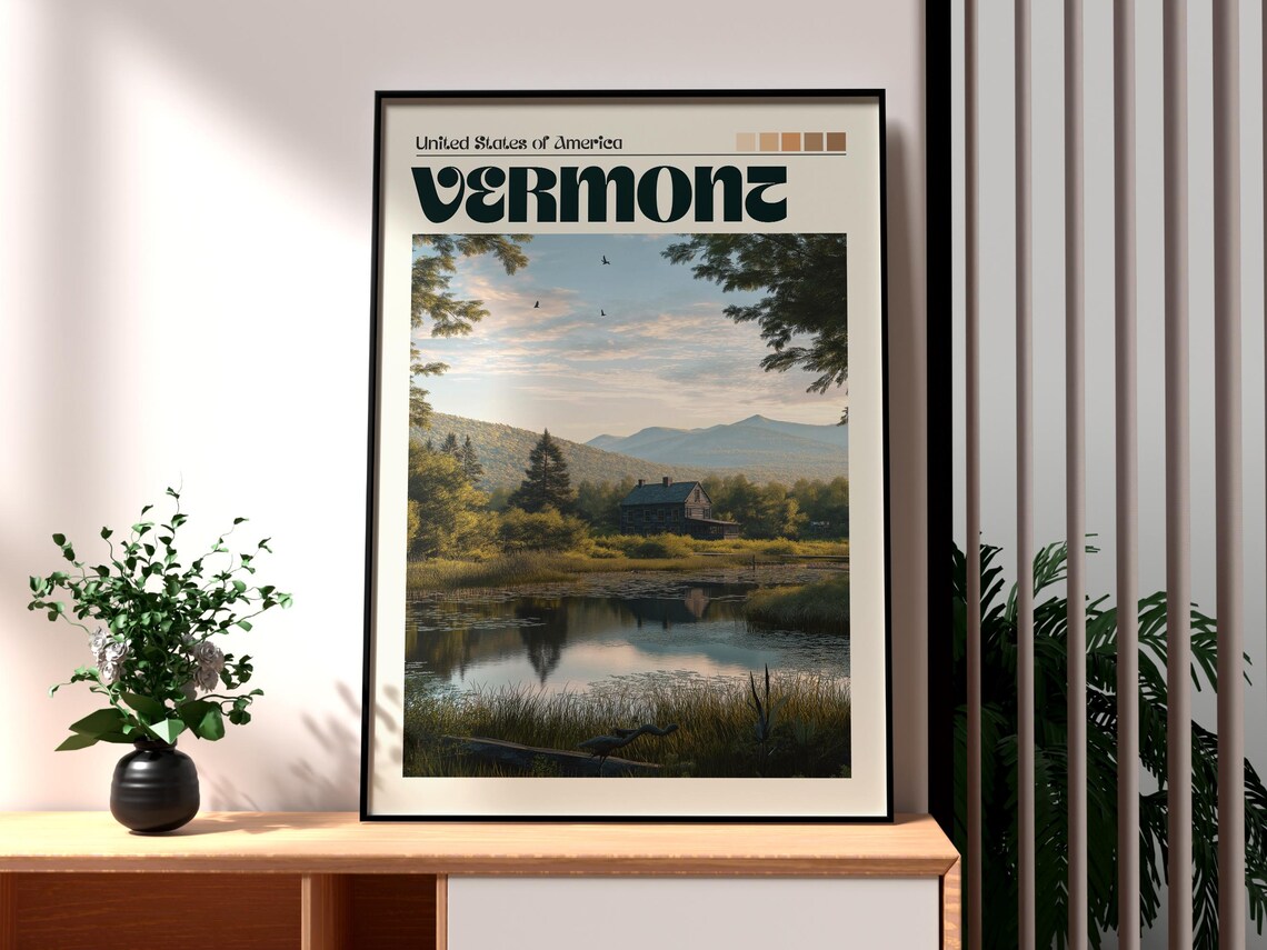 Vermont USA Mountain Lake Cabin Green Hills Serene View Art Poster