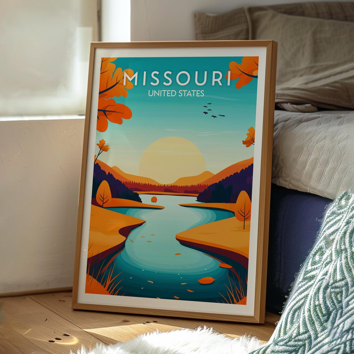 Missouri Autumn River Sunset Over Orange Foliage Travel Poster - Image 3