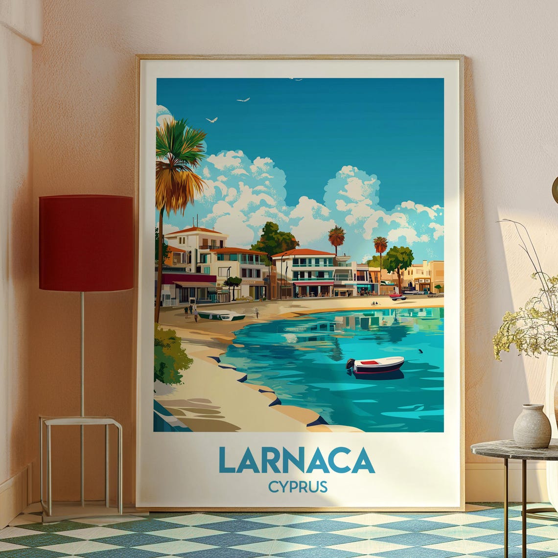 Larnaca Cyprus Palm Beach Waterfront Boat Harbor Travel Poster - Image 2
