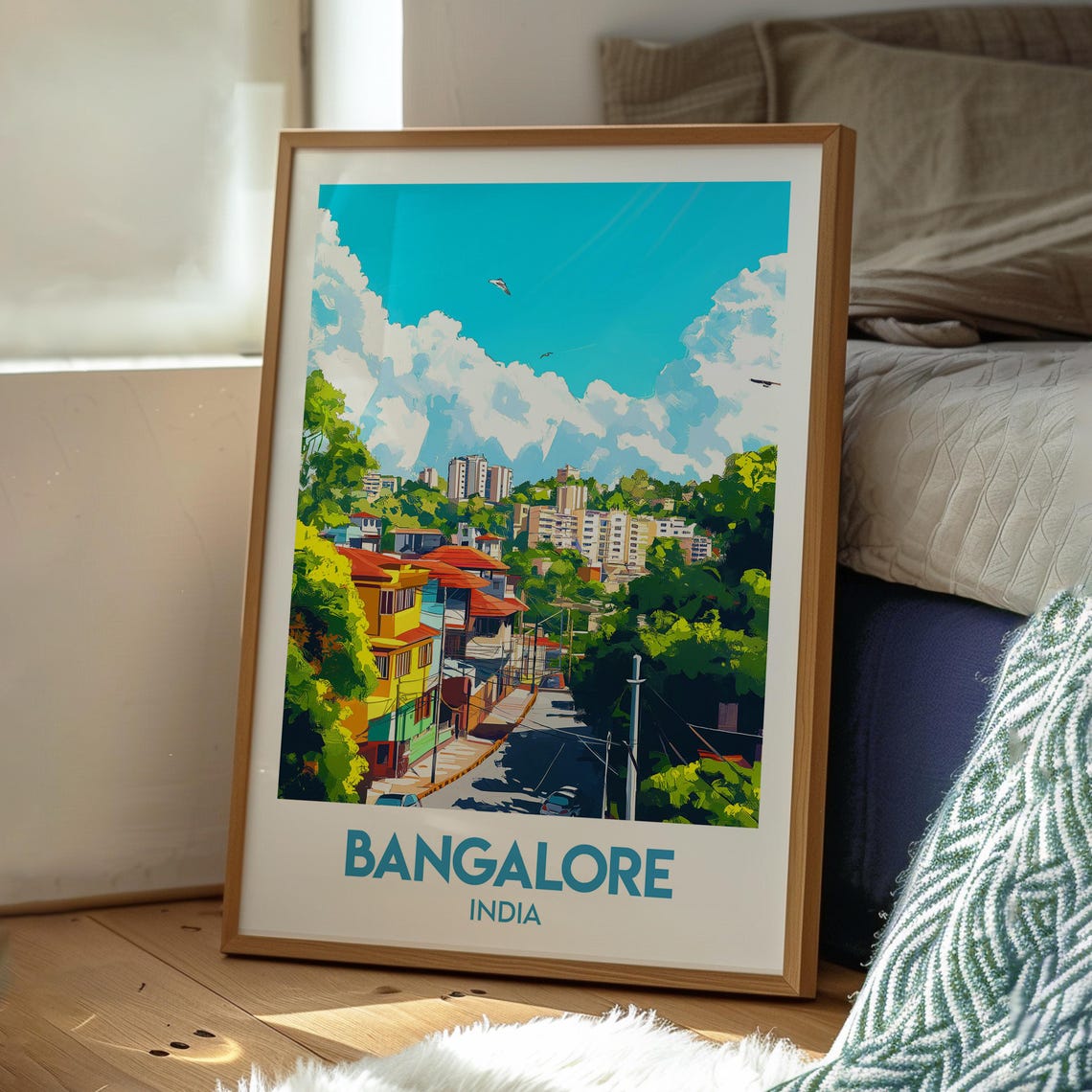 Bangalore India Vintage Travel Artwork Skyline Blue Sky City Poster - Image 3